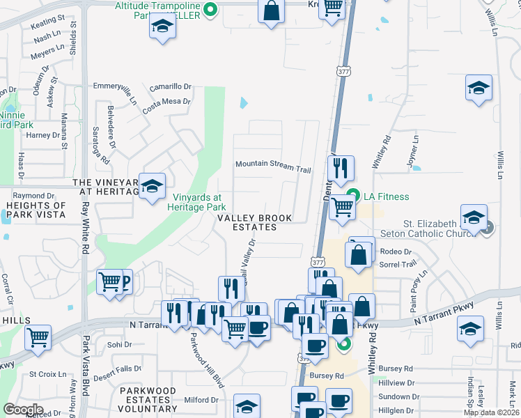 map of restaurants, bars, coffee shops, grocery stores, and more near 8825 Moon Rise Court in Fort Worth