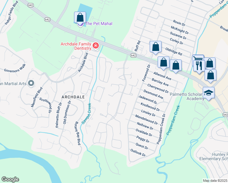 map of restaurants, bars, coffee shops, grocery stores, and more near 7930 Edgebrook Circle in North Charleston