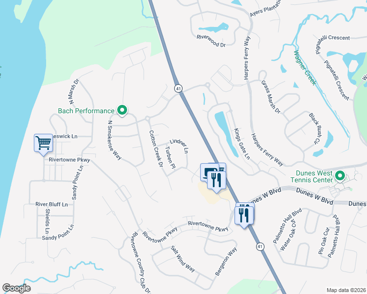 map of restaurants, bars, coffee shops, grocery stores, and more near 3355 Lindner Lane in Mount Pleasant