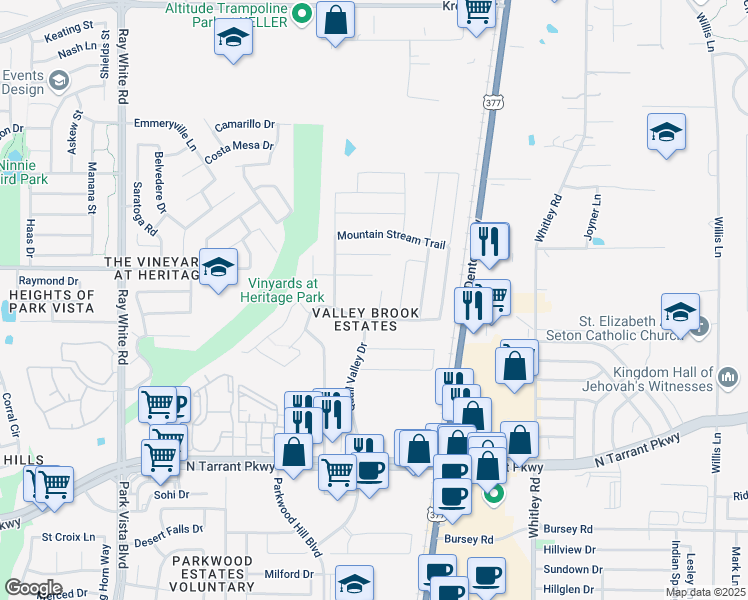 map of restaurants, bars, coffee shops, grocery stores, and more near 8821 Moon Rise Court in Fort Worth