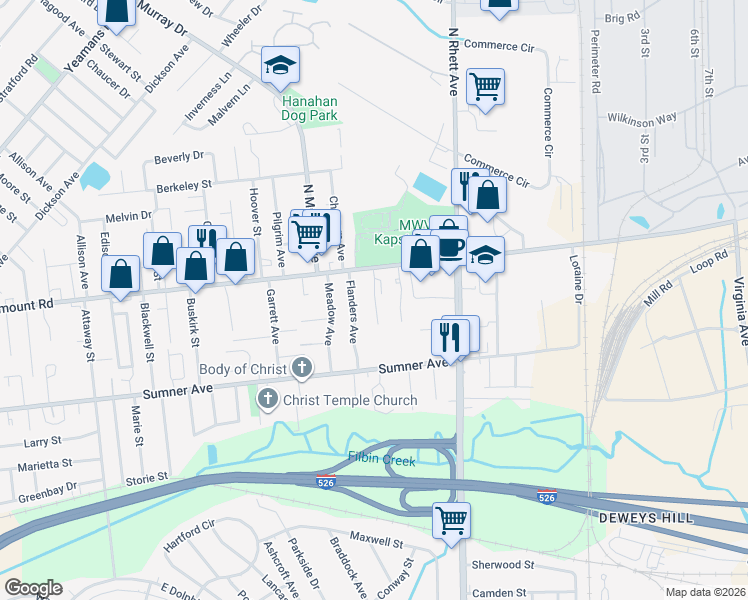 map of restaurants, bars, coffee shops, grocery stores, and more near 1235 Remount Road in North Charleston