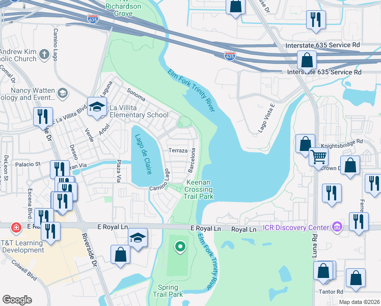 map of restaurants, bars, coffee shops, grocery stores, and more near 16 Barcelona in Irving