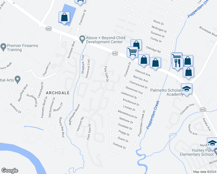 map of restaurants, bars, coffee shops, grocery stores, and more near 7890 Champion Way in North Charleston