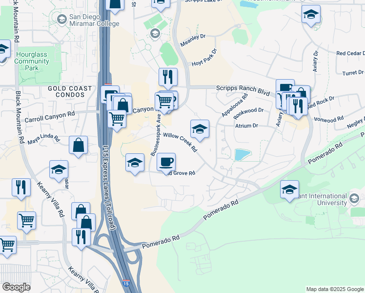 map of restaurants, bars, coffee shops, grocery stores, and more near 10089 Willow Creek Road in San Diego