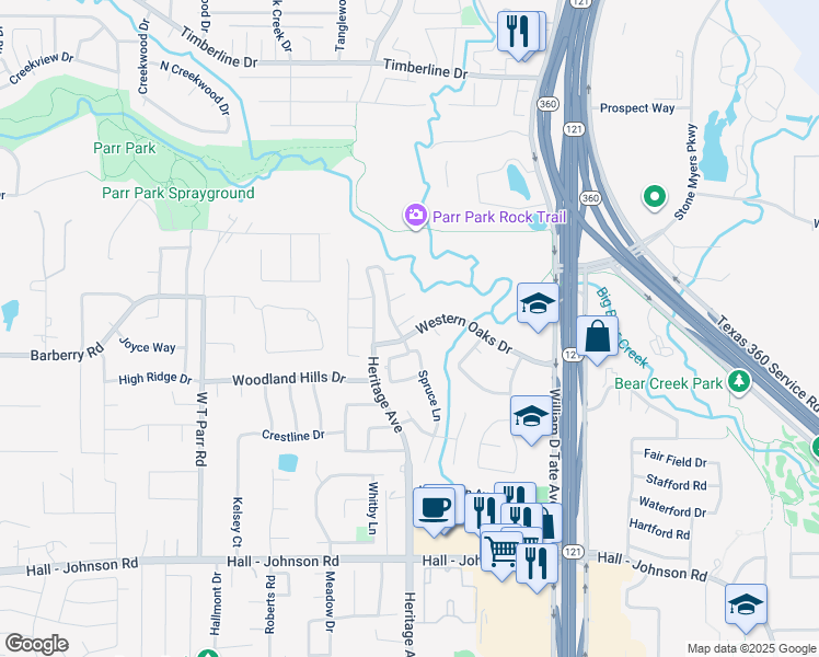 map of restaurants, bars, coffee shops, grocery stores, and more near 2707 Shady Hill Court in Grapevine