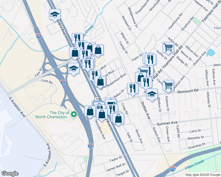 map of restaurants, bars, coffee shops, grocery stores, and more near 5754 Bramble Avenue in North Charleston