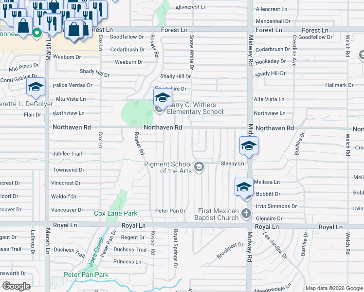 map of restaurants, bars, coffee shops, grocery stores, and more near 11138 Wonderland Trail in Dallas