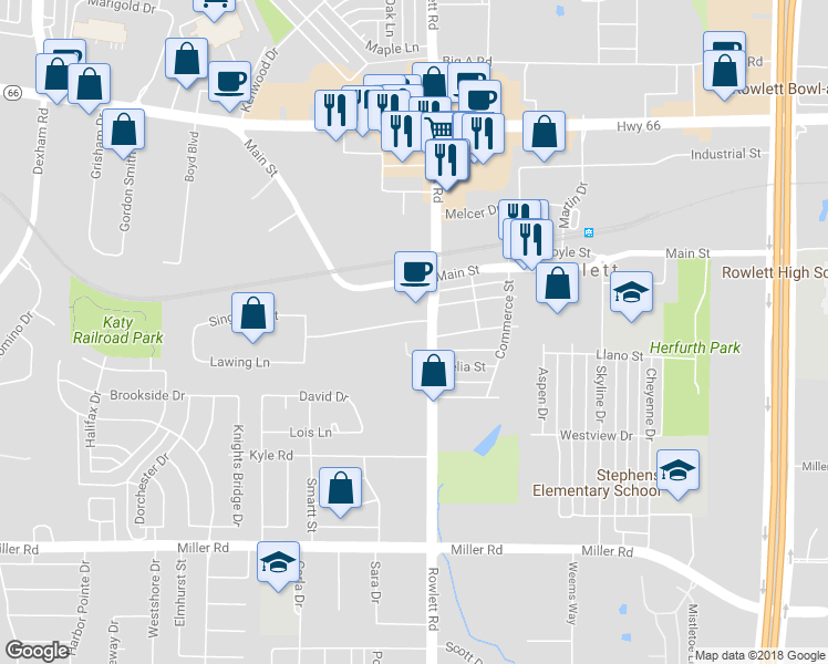 map of restaurants, bars, coffee shops, grocery stores, and more near 4401 Rowlett Road in Rowlett