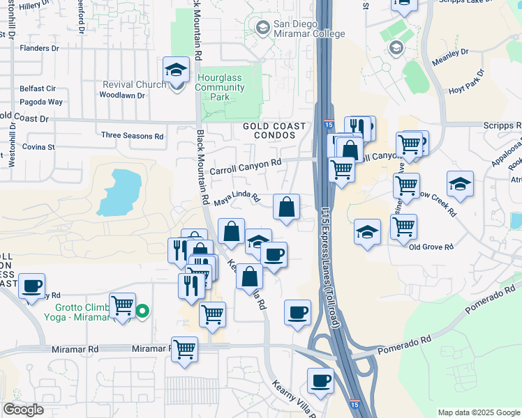 map of restaurants, bars, coffee shops, grocery stores, and more near 10016 Maya Linda Road in San Diego