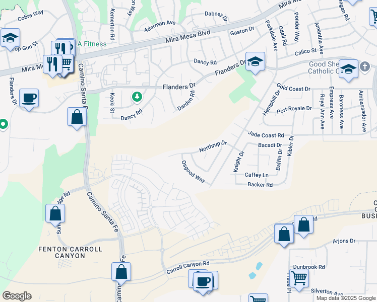 map of restaurants, bars, coffee shops, grocery stores, and more near 7488 Northrup Drive in San Diego