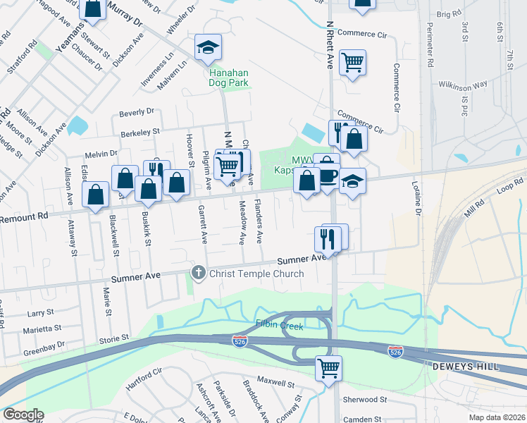 map of restaurants, bars, coffee shops, grocery stores, and more near 5633 Flanders Avenue in North Charleston