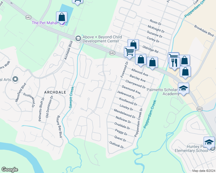 map of restaurants, bars, coffee shops, grocery stores, and more near 4796 Champion Way in North Charleston