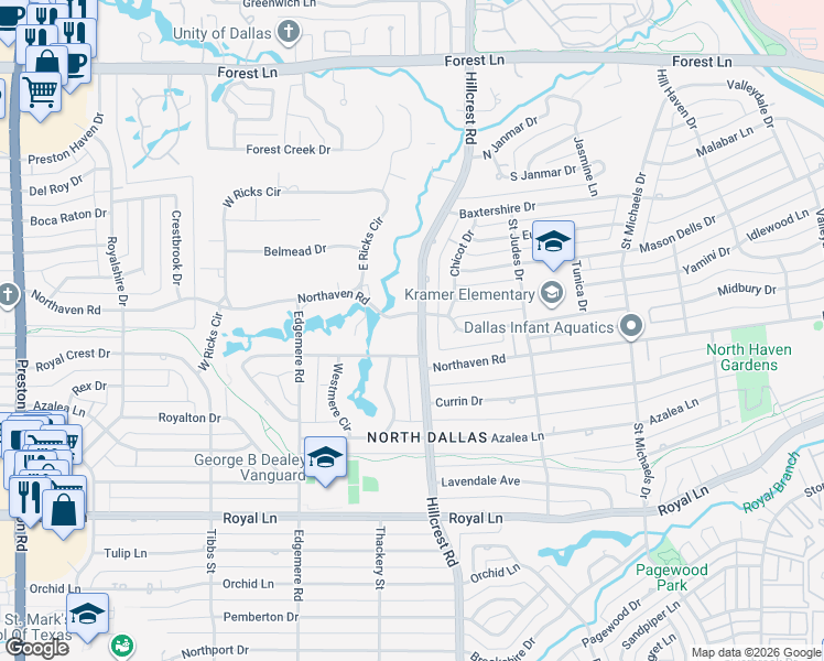 map of restaurants, bars, coffee shops, grocery stores, and more near 6756 Northaven Road in Dallas