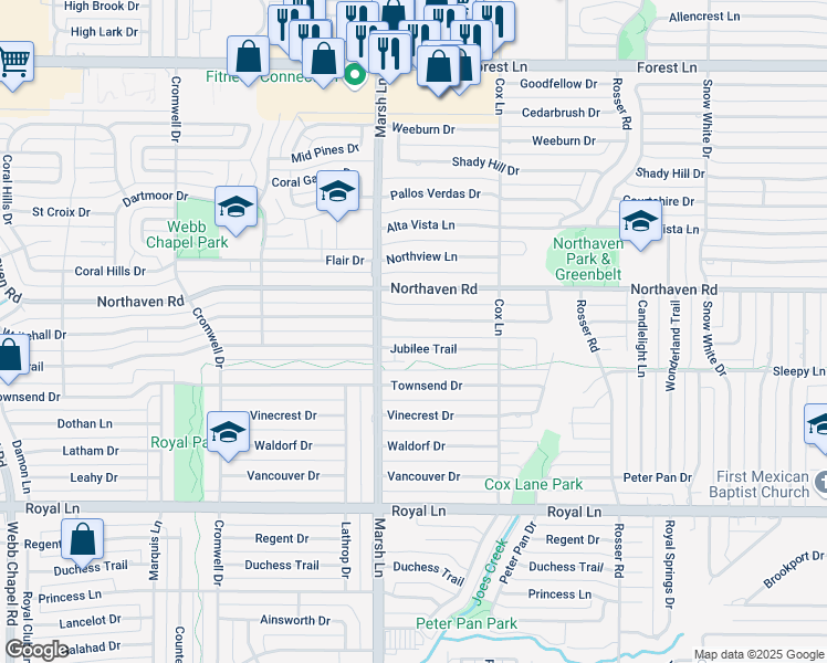 map of restaurants, bars, coffee shops, grocery stores, and more near 3720 Whitehall Drive in Dallas