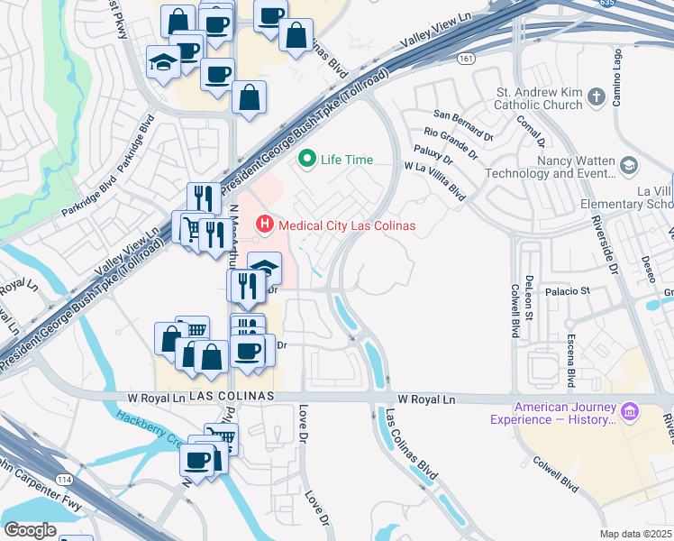 map of restaurants, bars, coffee shops, grocery stores, and more near 6732 Verandah Way in Irving