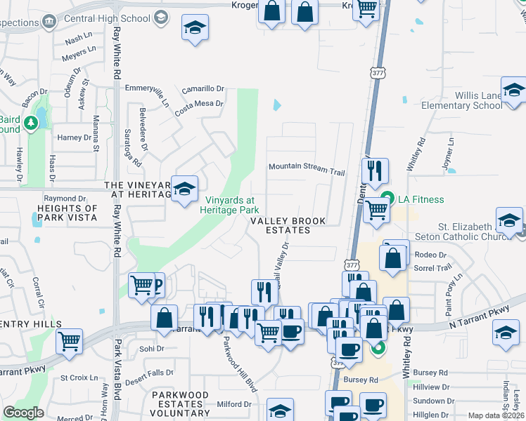 map of restaurants, bars, coffee shops, grocery stores, and more near 8808 Graywolf Ridge Trail in Fort Worth