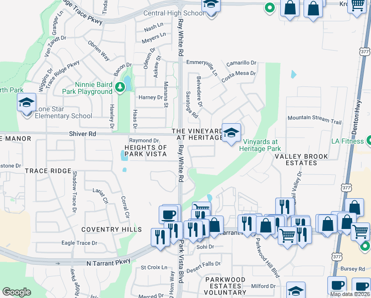 map of restaurants, bars, coffee shops, grocery stores, and more near 8817 Oakville Street in Fort Worth