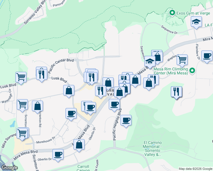 map of restaurants, bars, coffee shops, grocery stores, and more near 9945 Pacific Heights Boulevard in San Diego