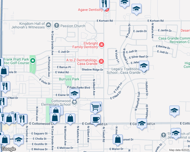 map of restaurants, bars, coffee shops, grocery stores, and more near 1775 North Terrace Circle in Casa Grande