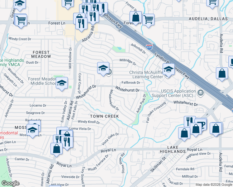 map of restaurants, bars, coffee shops, grocery stores, and more near 9511 Robin Meadow Drive in Dallas