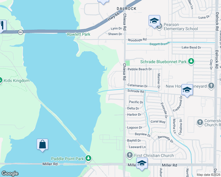 map of restaurants, bars, coffee shops, grocery stores, and more near 4509 Chiesa Road in Rowlett