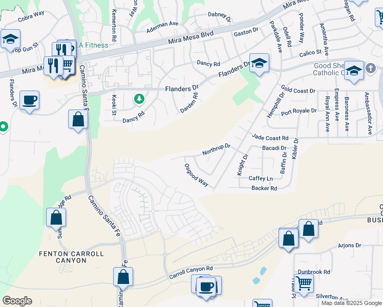 map of restaurants, bars, coffee shops, grocery stores, and more near 7488 Northrup Drive in San Diego