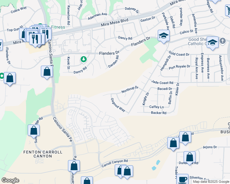 map of restaurants, bars, coffee shops, grocery stores, and more near 7488 Northrup Drive in San Diego