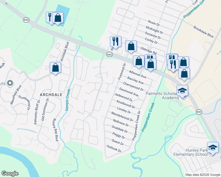 map of restaurants, bars, coffee shops, grocery stores, and more near 4796 Champion Way in North Charleston
