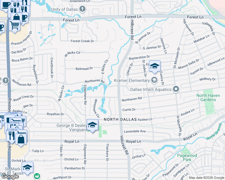 map of restaurants, bars, coffee shops, grocery stores, and more near 6756 Northaven Road in Dallas