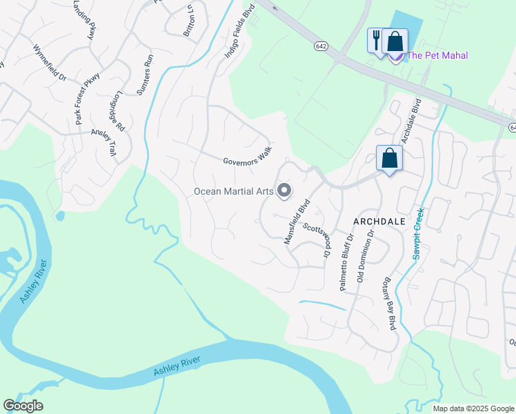 map of restaurants, bars, coffee shops, grocery stores, and more near 212 Knightsbridge Drive in Charleston