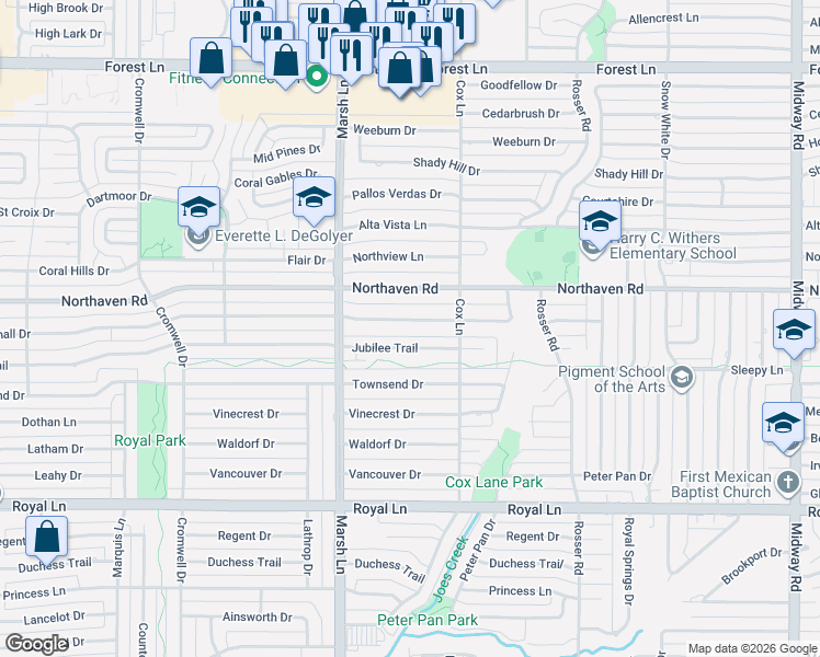 map of restaurants, bars, coffee shops, grocery stores, and more near 3756 Whitehall Dr in Dallas