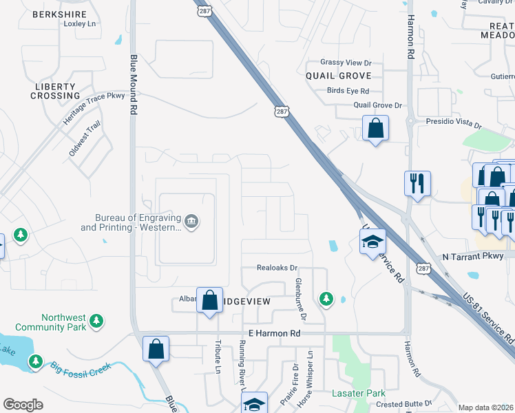 map of restaurants, bars, coffee shops, grocery stores, and more near 1209 Kanata Court in Fort Worth