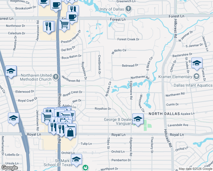 map of restaurants, bars, coffee shops, grocery stores, and more near 11215 West Ricks Circle in Dallas