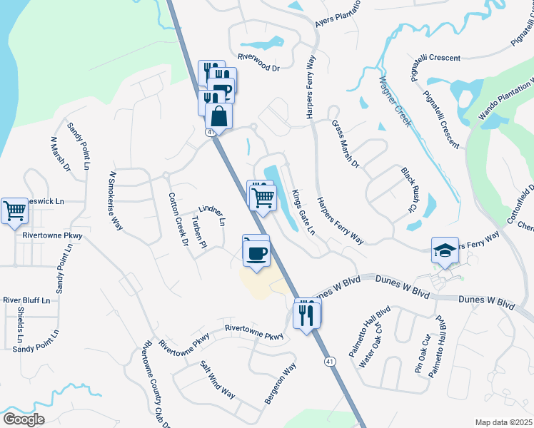 map of restaurants, bars, coffee shops, grocery stores, and more near 2180 Kings Gate Lane in Mount Pleasant