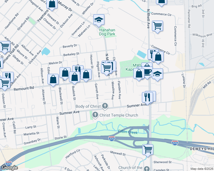 map of restaurants, bars, coffee shops, grocery stores, and more near 1275 Remount Road in North Charleston