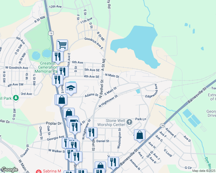 map of restaurants, bars, coffee shops, grocery stores, and more near 615 3rd Avenue Southeast in Thomaston