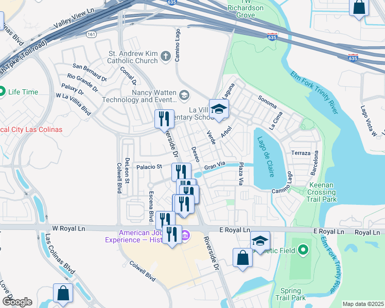 map of restaurants, bars, coffee shops, grocery stores, and more near 6777 Deseo in Irving