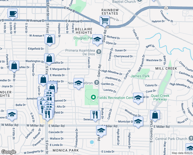 map of restaurants, bars, coffee shops, grocery stores, and more near 1313 Dairy Road in Garland