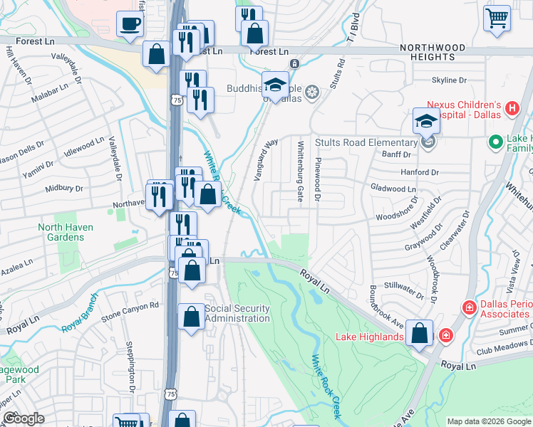 map of restaurants, bars, coffee shops, grocery stores, and more near 9205 Markanne Drive in Dallas