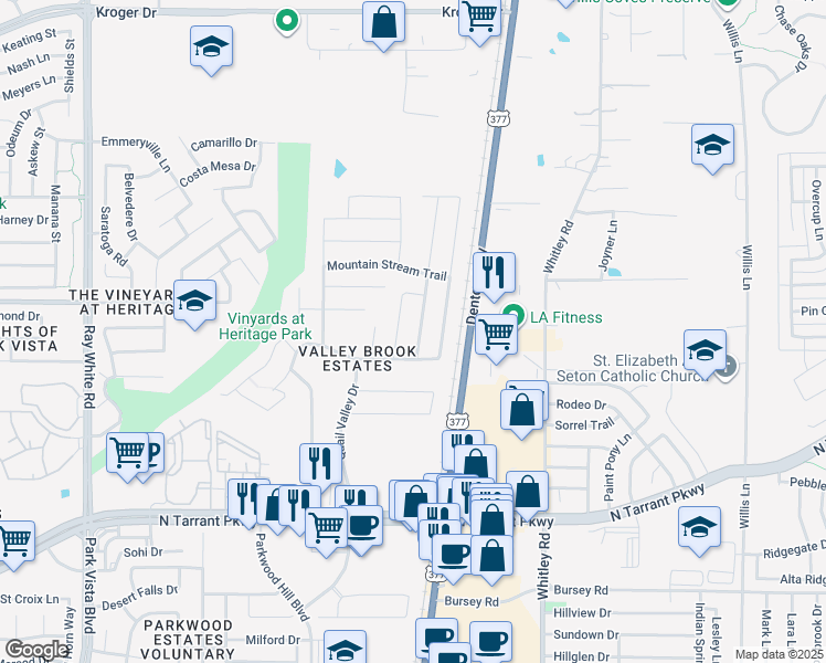 map of restaurants, bars, coffee shops, grocery stores, and more near 8829 Quarry Ridge Trail in Fort Worth