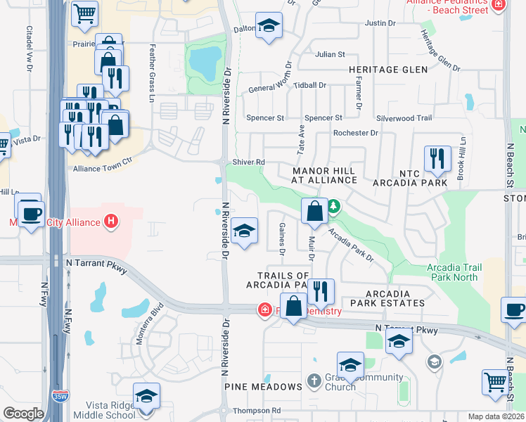 map of restaurants, bars, coffee shops, grocery stores, and more near 8757 Sumter Way in Fort Worth