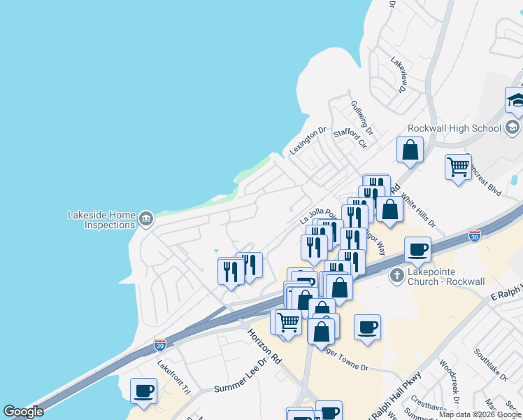 map of restaurants, bars, coffee shops, grocery stores, and more near 3405 Waterview Trail in Rockwall