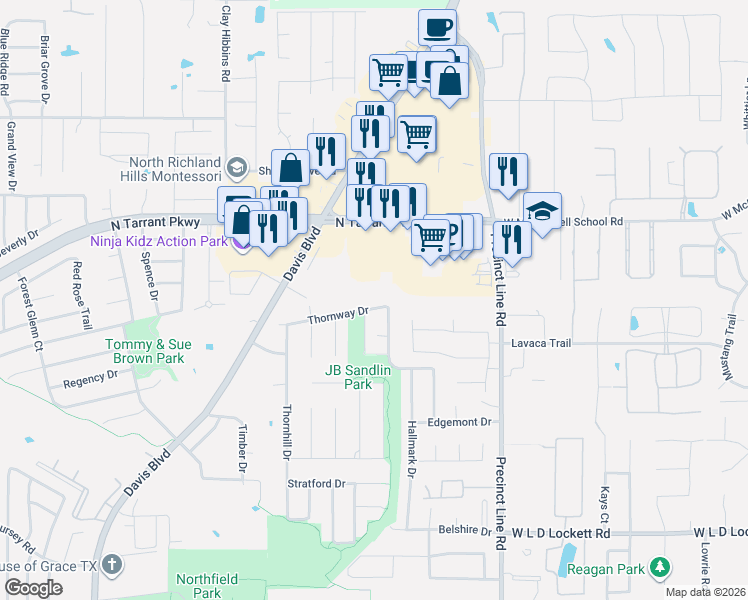 map of restaurants, bars, coffee shops, grocery stores, and more near 9013 Thornway Drive in North Richland Hills