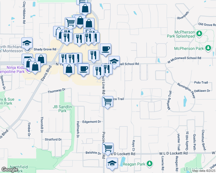 map of restaurants, bars, coffee shops, grocery stores, and more near 8190 Precinct Line Road in Colleyville