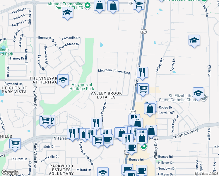 map of restaurants, bars, coffee shops, grocery stores, and more near 8825 Moon Rise Court in Fort Worth