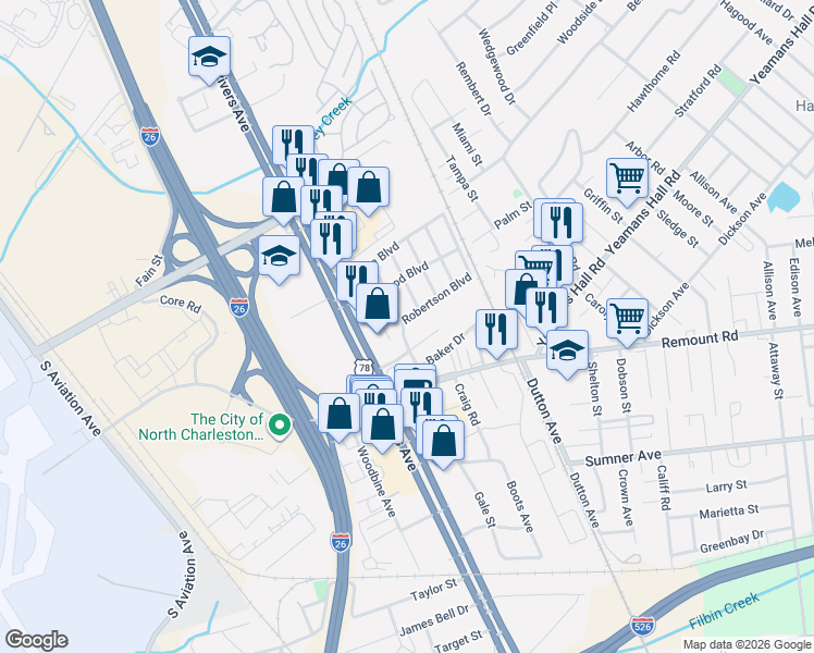map of restaurants, bars, coffee shops, grocery stores, and more near 5754 Bramble Avenue in North Charleston