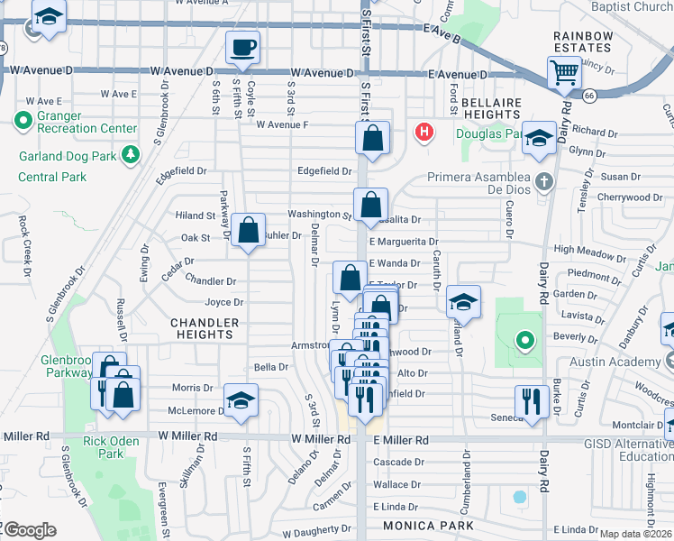 map of restaurants, bars, coffee shops, grocery stores, and more near 106 West Wanda Drive in Garland
