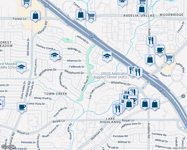 map of restaurants, bars, coffee shops, grocery stores, and more near 9700 Whitehurst Drive in Dallas