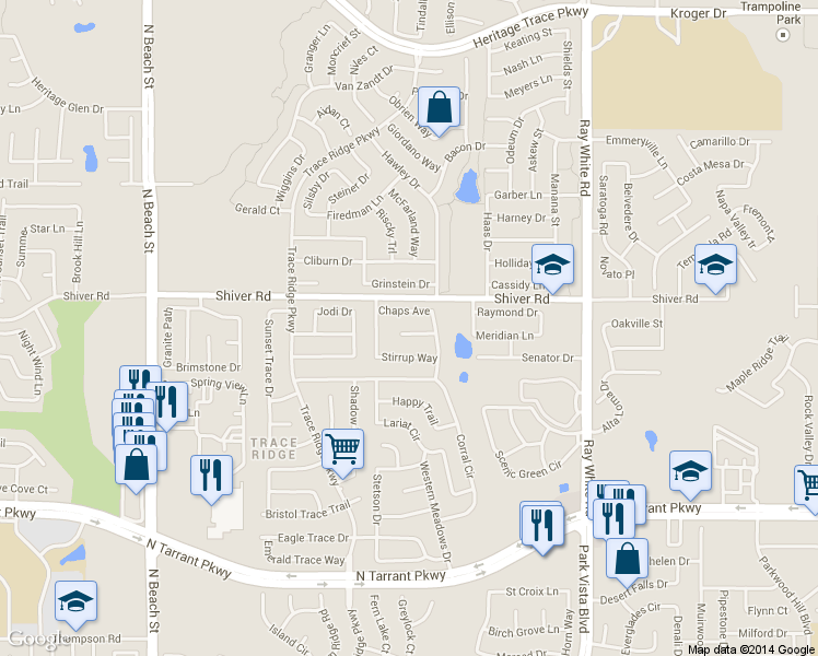 map of restaurants, bars, coffee shops, grocery stores, and more near 4917 Spur Ridge Court in Fort Worth