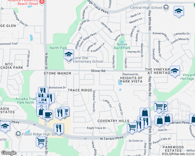 map of restaurants, bars, coffee shops, grocery stores, and more near 8833 Stirrup Way in Fort Worth